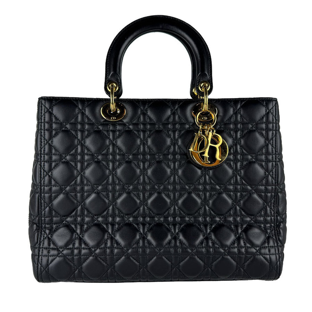 Christian Dior Lady Large Lambskin Handbag/Shoulder Bag, Black & Gold, Women'...